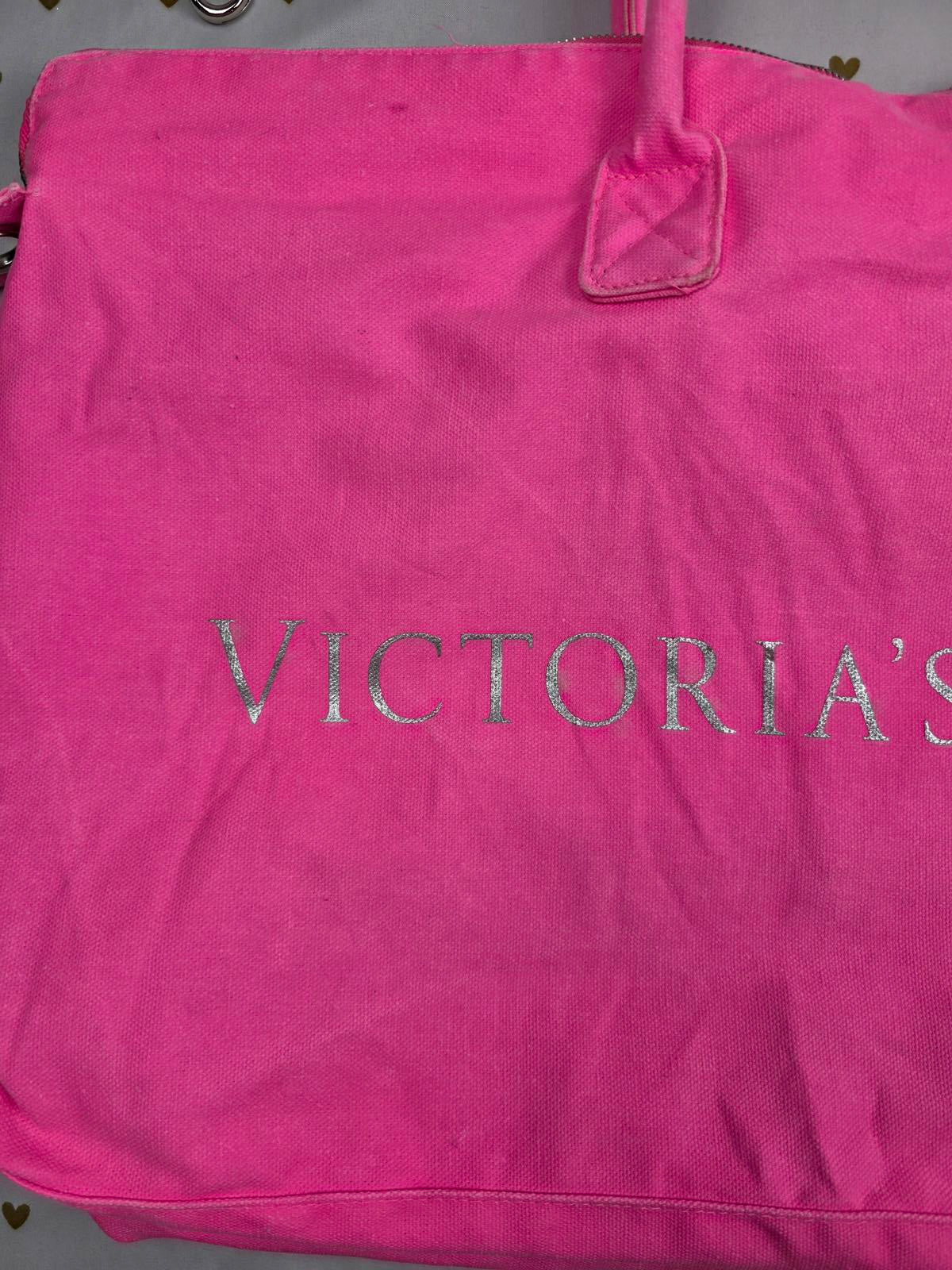 Victoria's Secret NEON PINK Tote Canvas Logo Duffel Bag Purse Long Strap