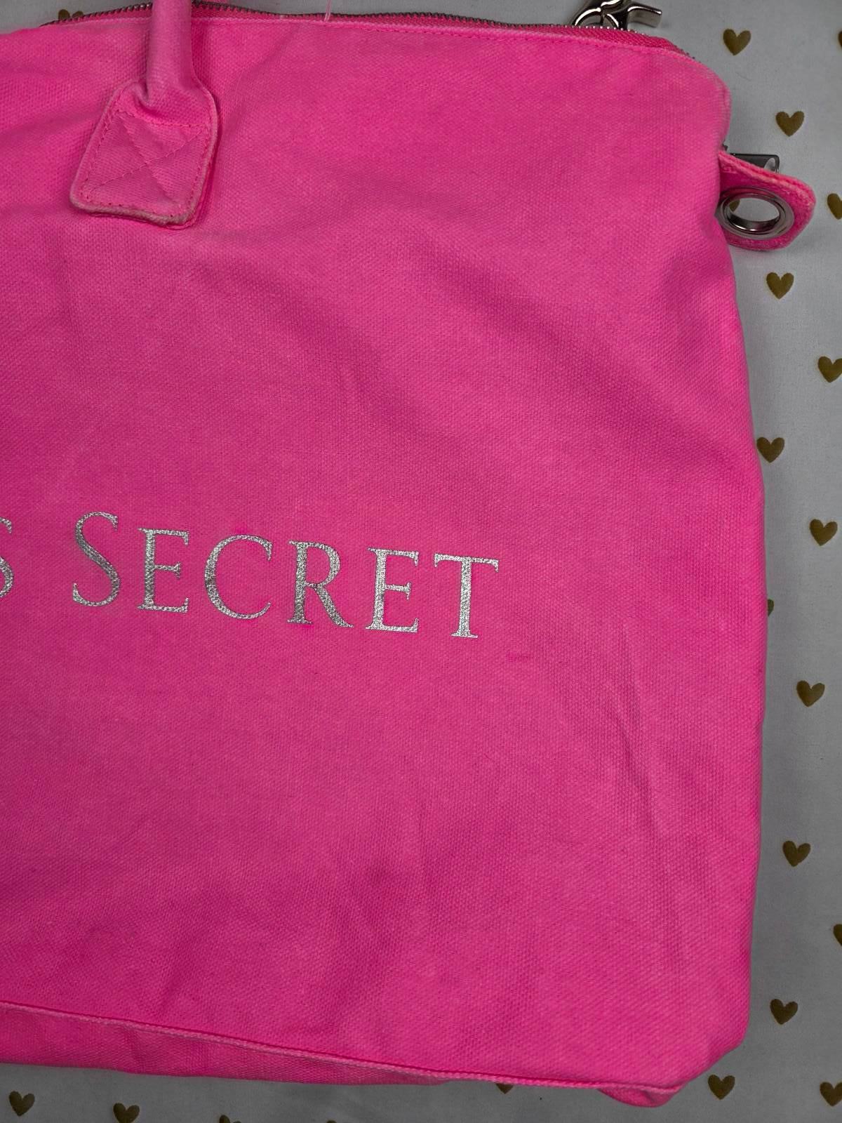 Victoria's Secret NEON PINK Tote Canvas Logo Duffel Bag Purse Long Strap