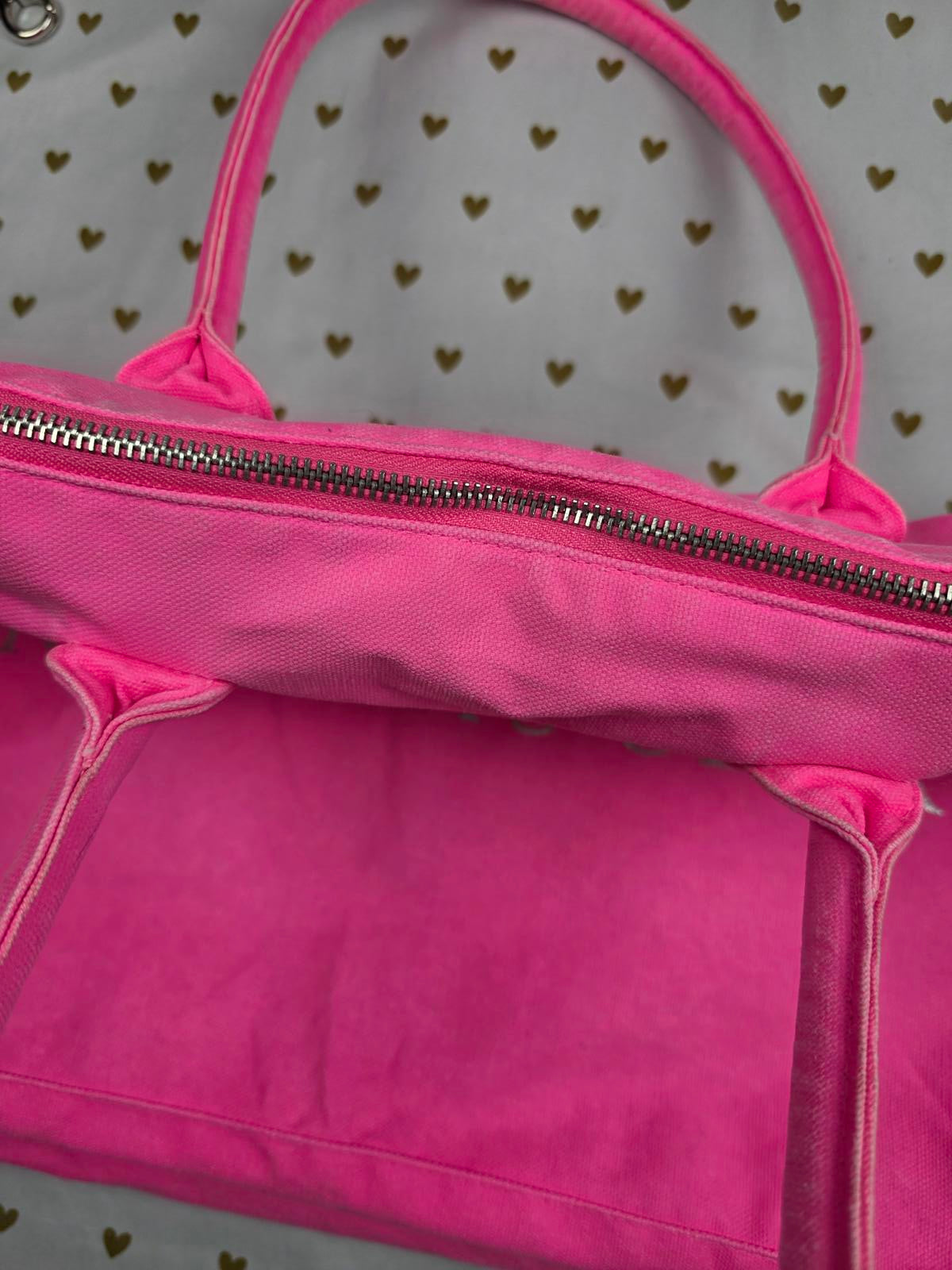Victoria's Secret NEON PINK Tote Canvas Logo Duffel Bag Purse Long Strap