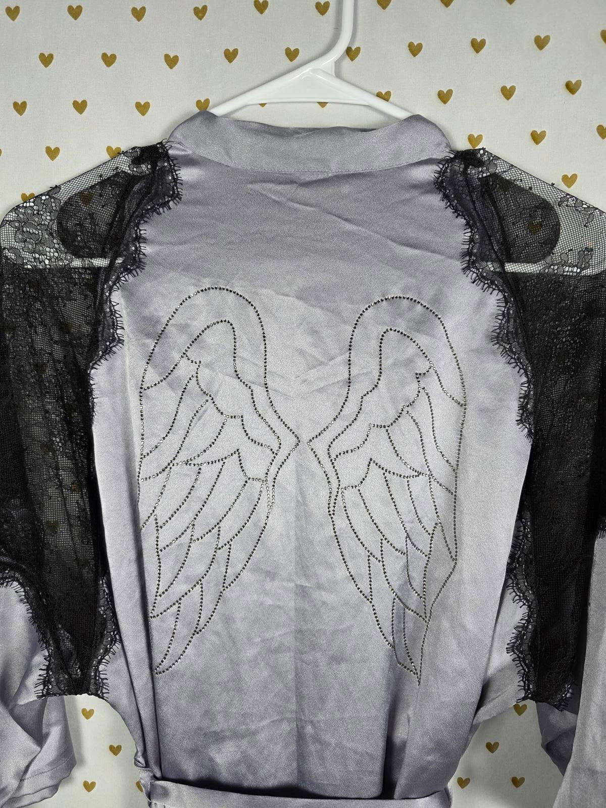 Victorias Secret LIMITED EDITION Satin Silky Robe BLING WINGS Studded Grey S M