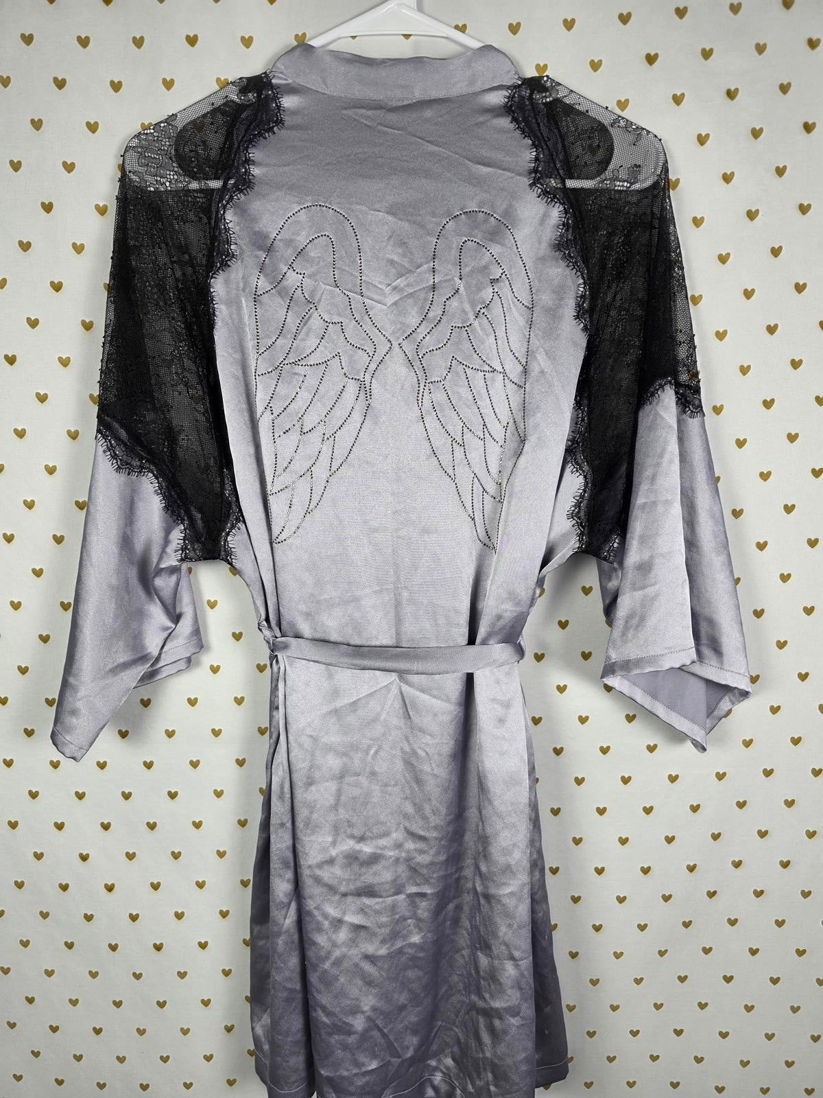 Victorias Secret LIMITED EDITION Satin Silky Robe BLING WINGS Studded Grey S M