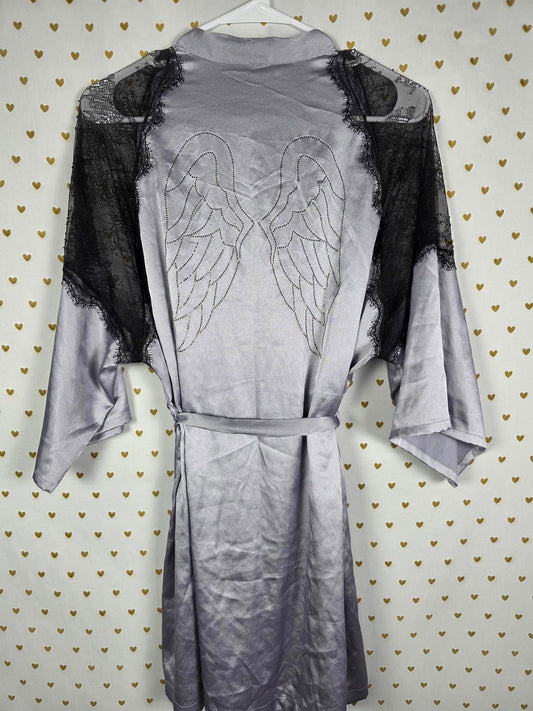 Victorias Secret LIMITED EDITION Satin Silky Robe BLING WINGS Studded Grey S M