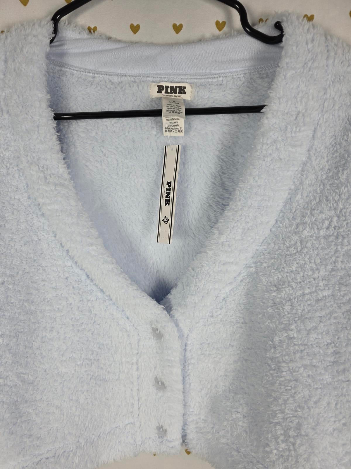 Victorias Secret Pink NEW NWT Blue Fleece Cropped Cardigan Sweater MEDIUM