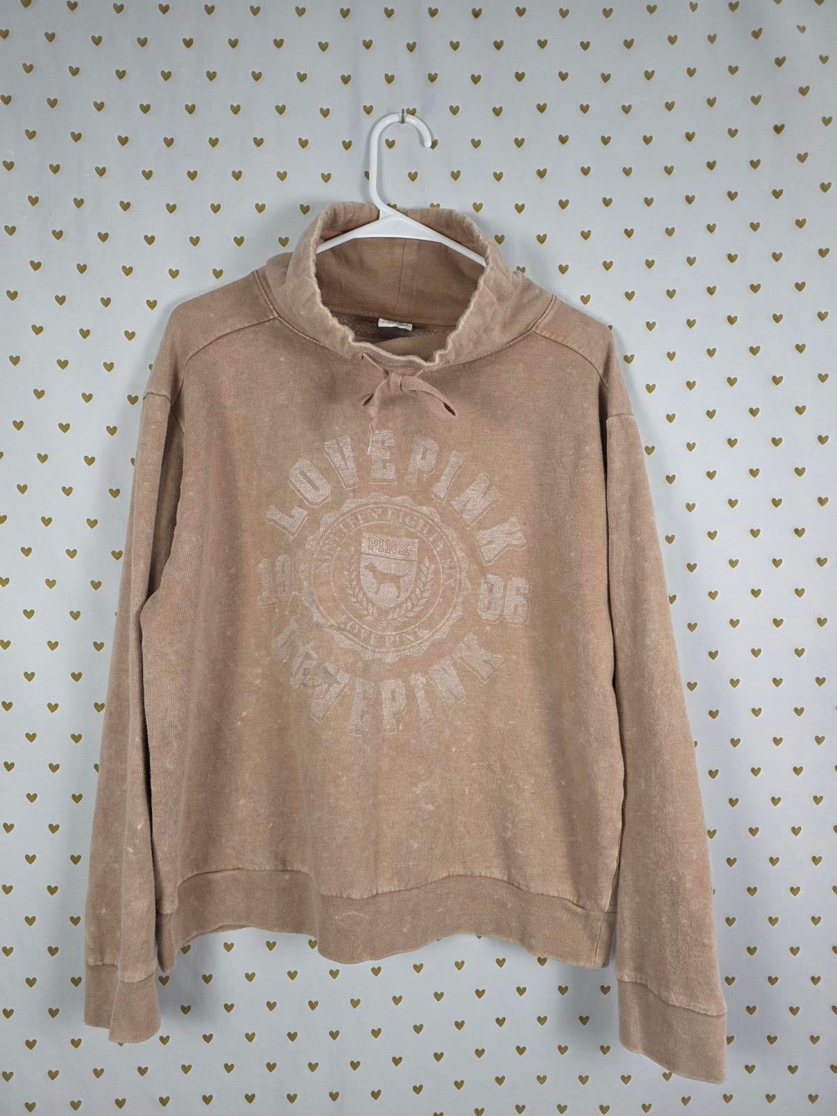 Victorias Secret Pink Vintage Style Cowl Neck Brown Logo Sweater Shirt MEDIUM