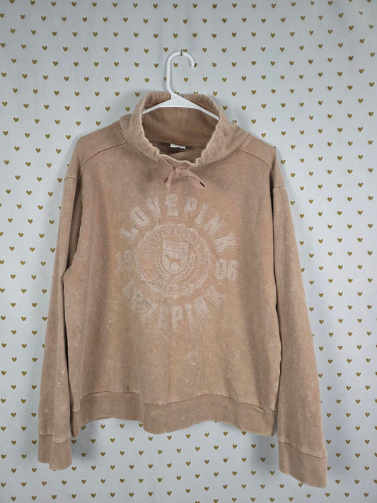 Victorias Secret Pink Vintage Style Cowl Neck Brown Logo Sweater Shirt MEDIUM
