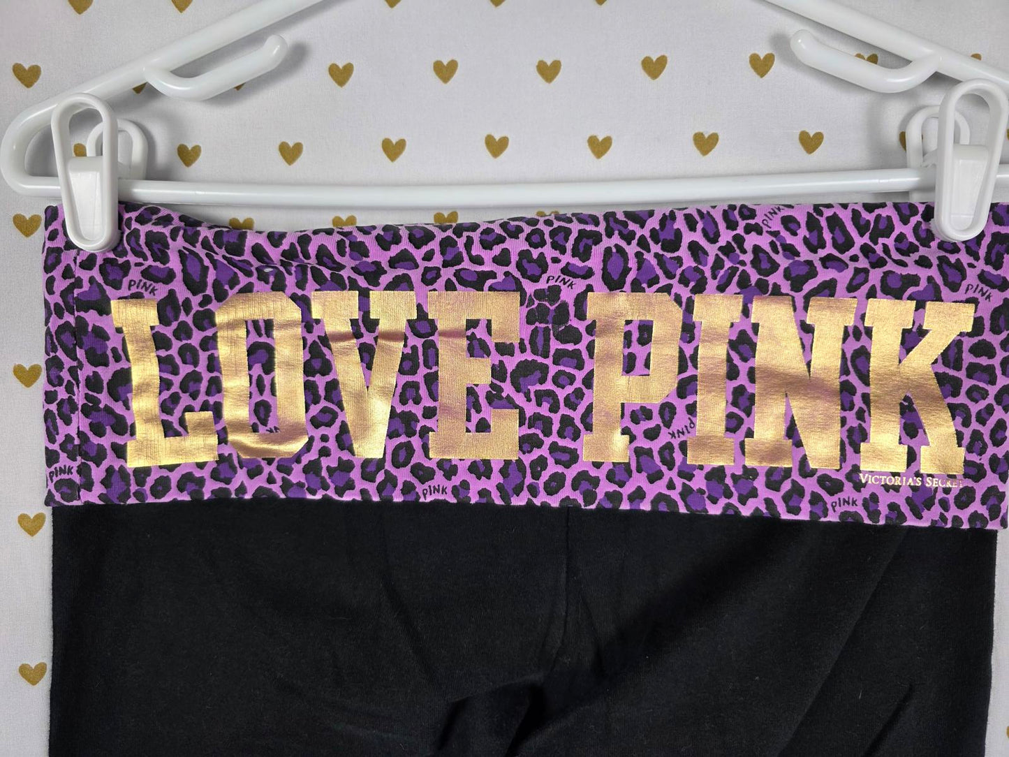 Victorias Secret PINK Purple VTG BLING Cheetah LOVE FOLDOVER Yoga Pants SMALL