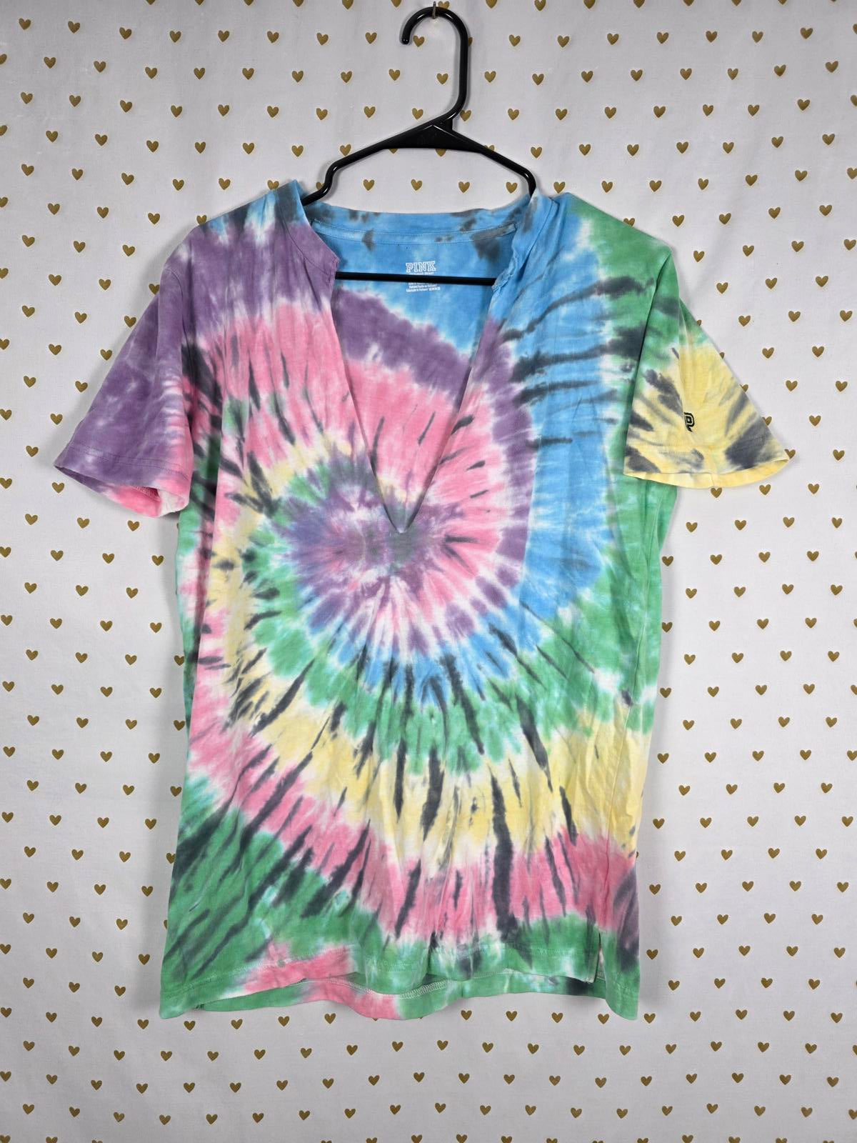 Victorias Secret PINK V neck Oversized Rainbow Tye Dye Tee Shirt XS