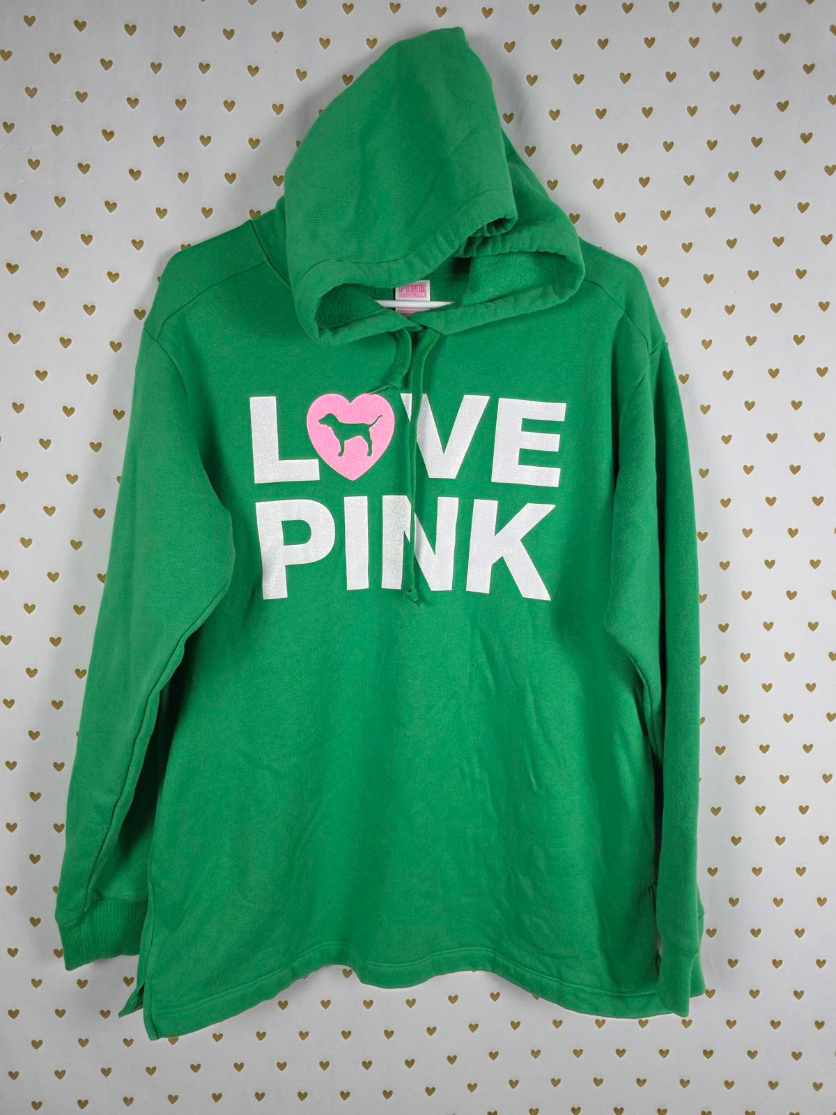 Victorias Secret Pink Fleece CAMPUS ORIGINALS Green Hoodie Sweater Glitter MED