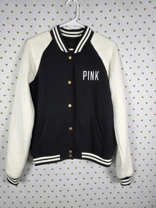 Victorias Secret Pink VARSITY Embroidered Jacket Coat Button Front Thick SMALL