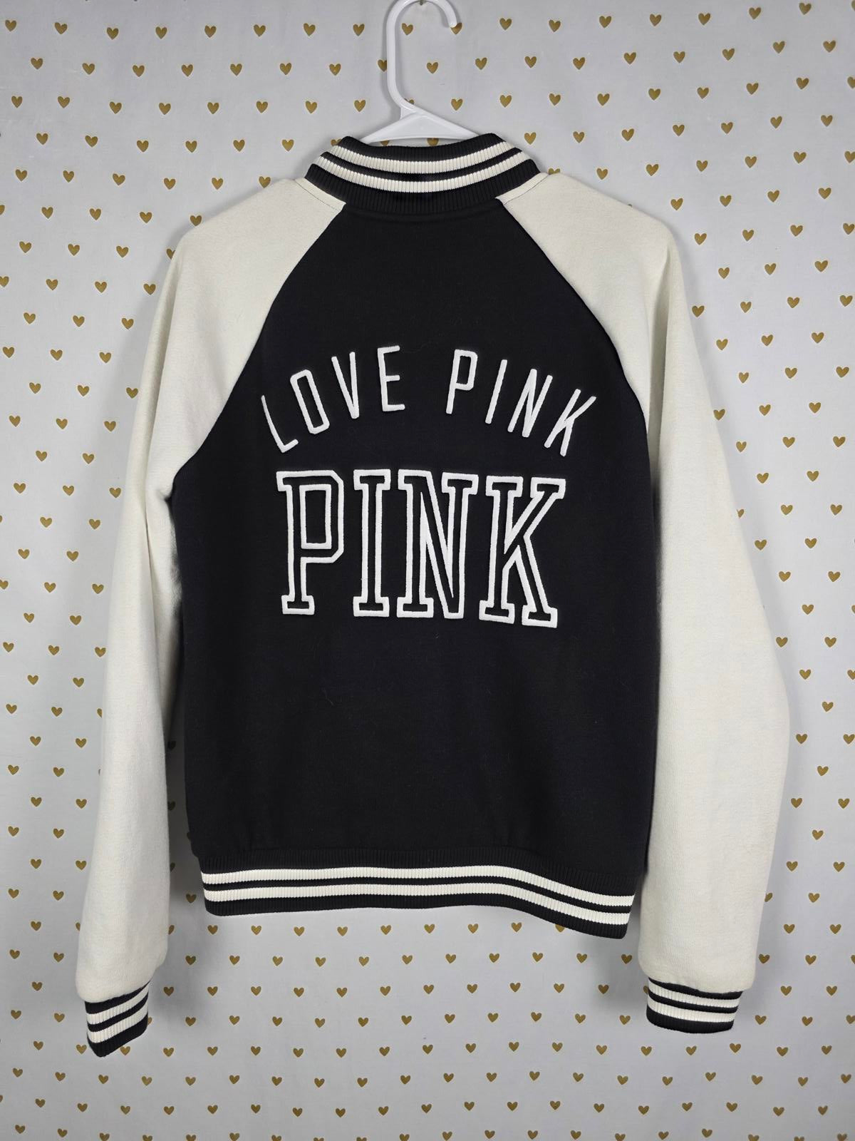 Victorias Secret Pink VARSITY Embroidered Jacket Coat Button Front Thick SMALL