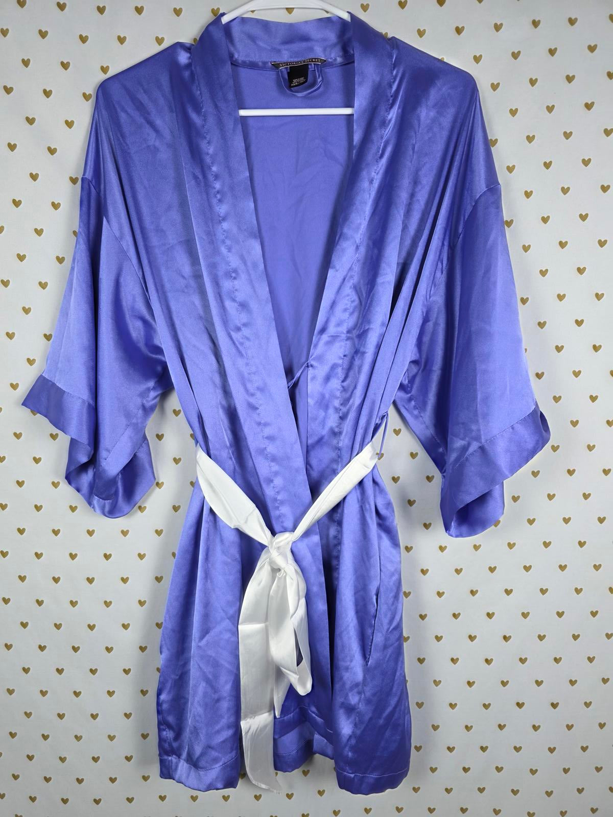 Victorias Secret Satin Silky Robe Blue Flowy Kimono Wrap XS SMALL