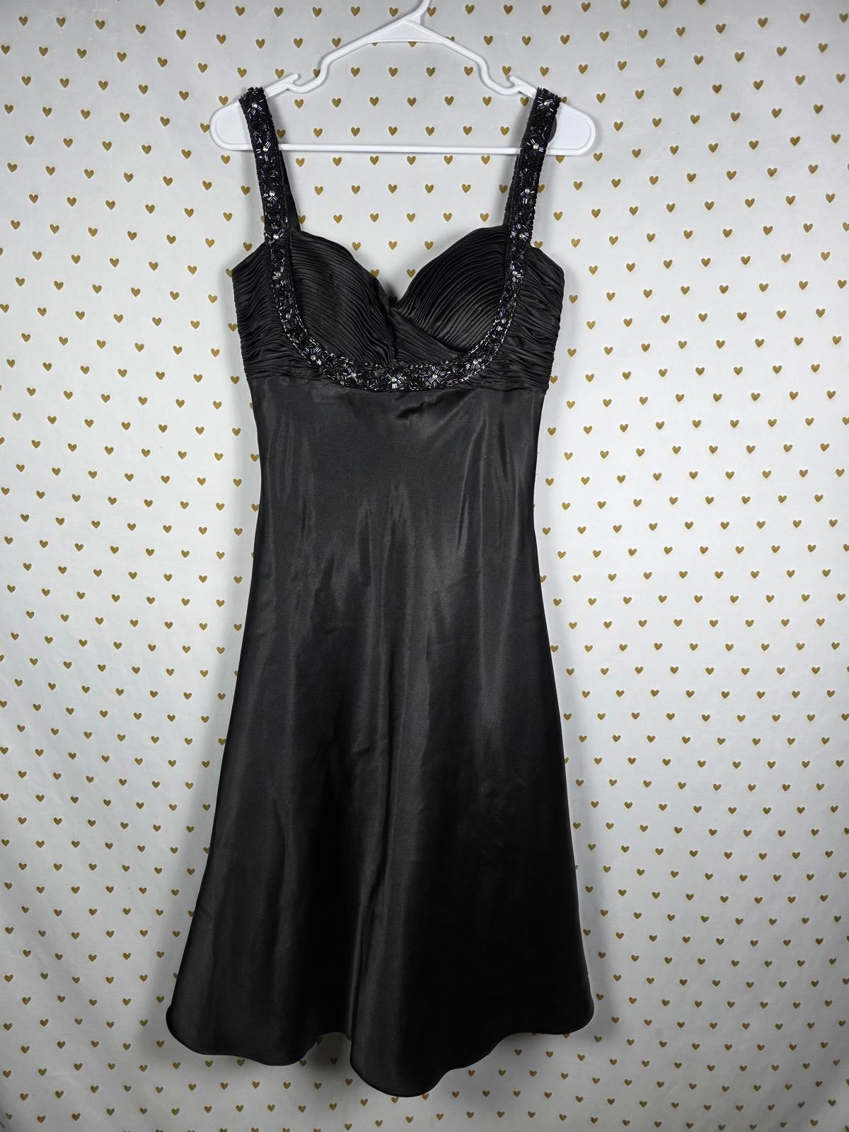 Cartise Black Beaded Satin Embellished Evening Gown Dress Flowy Formal Gown Sz 6