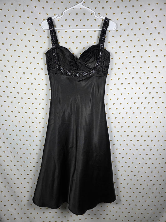 Cartise Black Beaded Satin Embellished Evening Gown Dress Flowy Formal Gown Sz 6