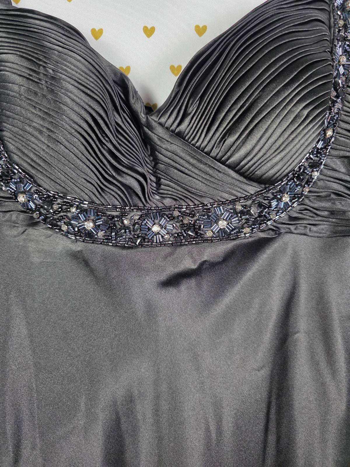 Cartise Black Beaded Satin Embellished Evening Gown Dress Flowy Formal Gown Sz 6