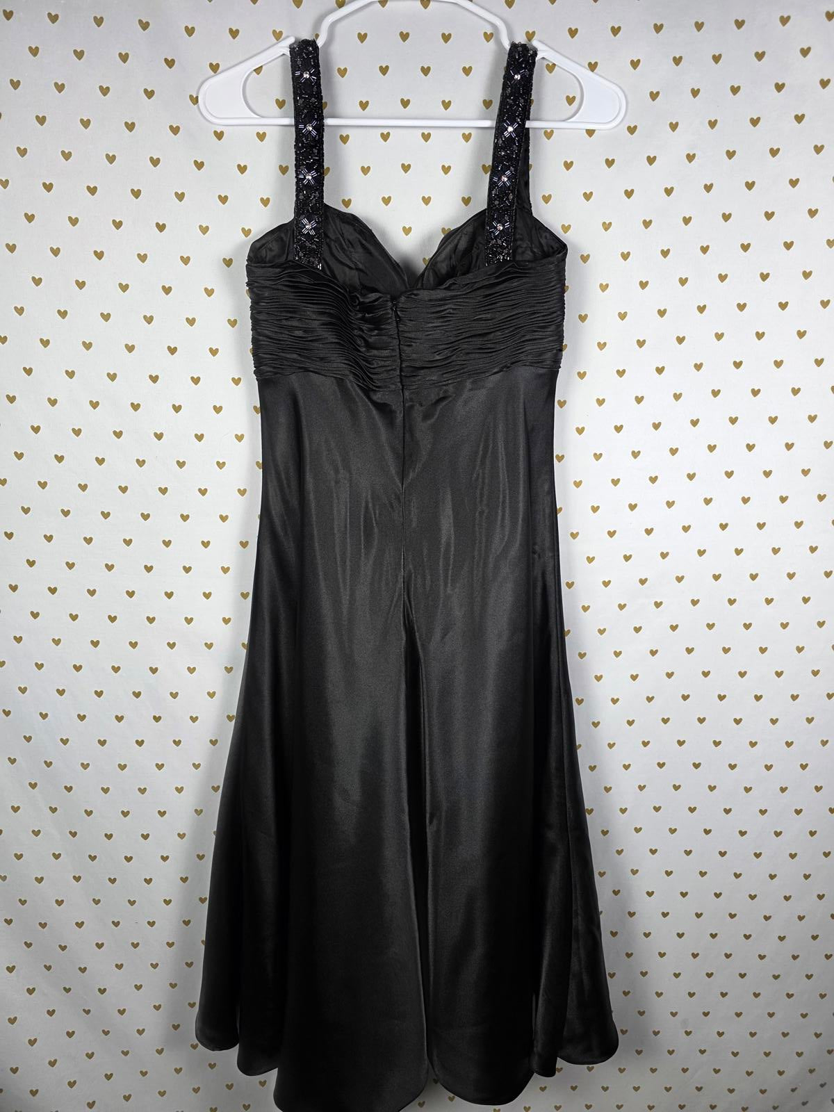 Cartise Black Beaded Satin Embellished Evening Gown Dress Flowy Formal Gown Sz 6