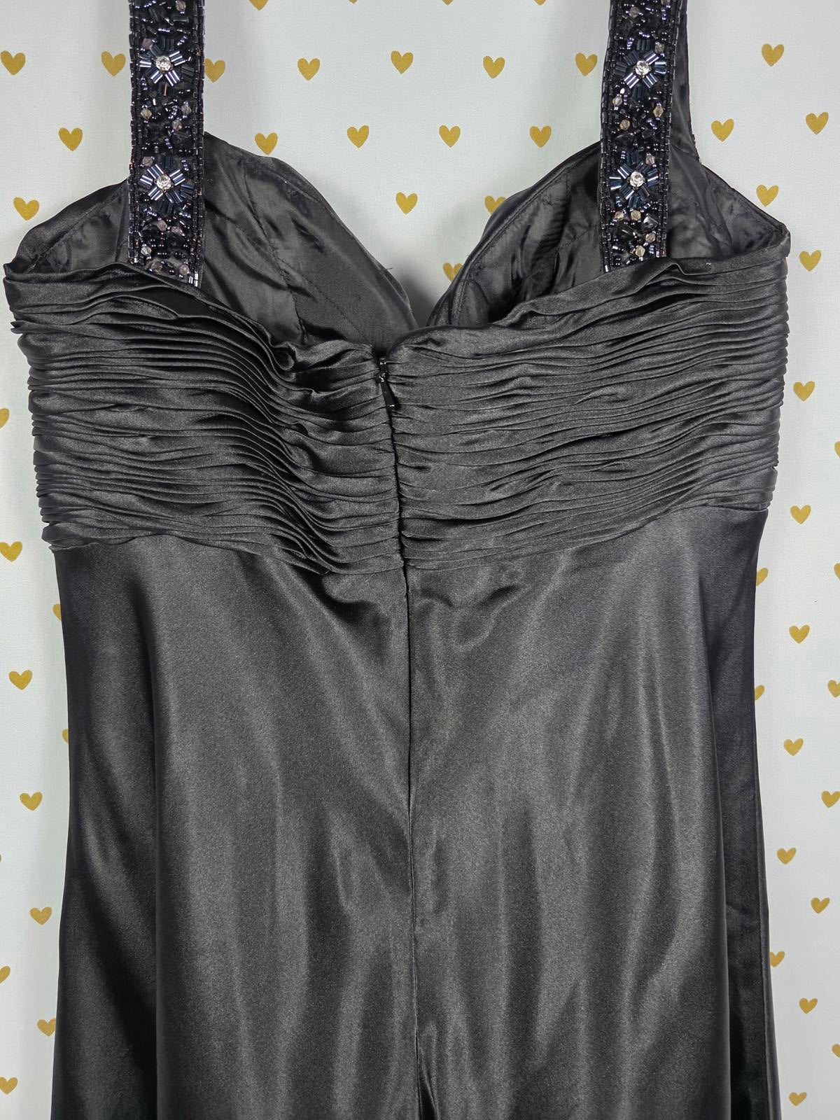 Cartise Black Beaded Satin Embellished Evening Gown Dress Flowy Formal Gown Sz 6