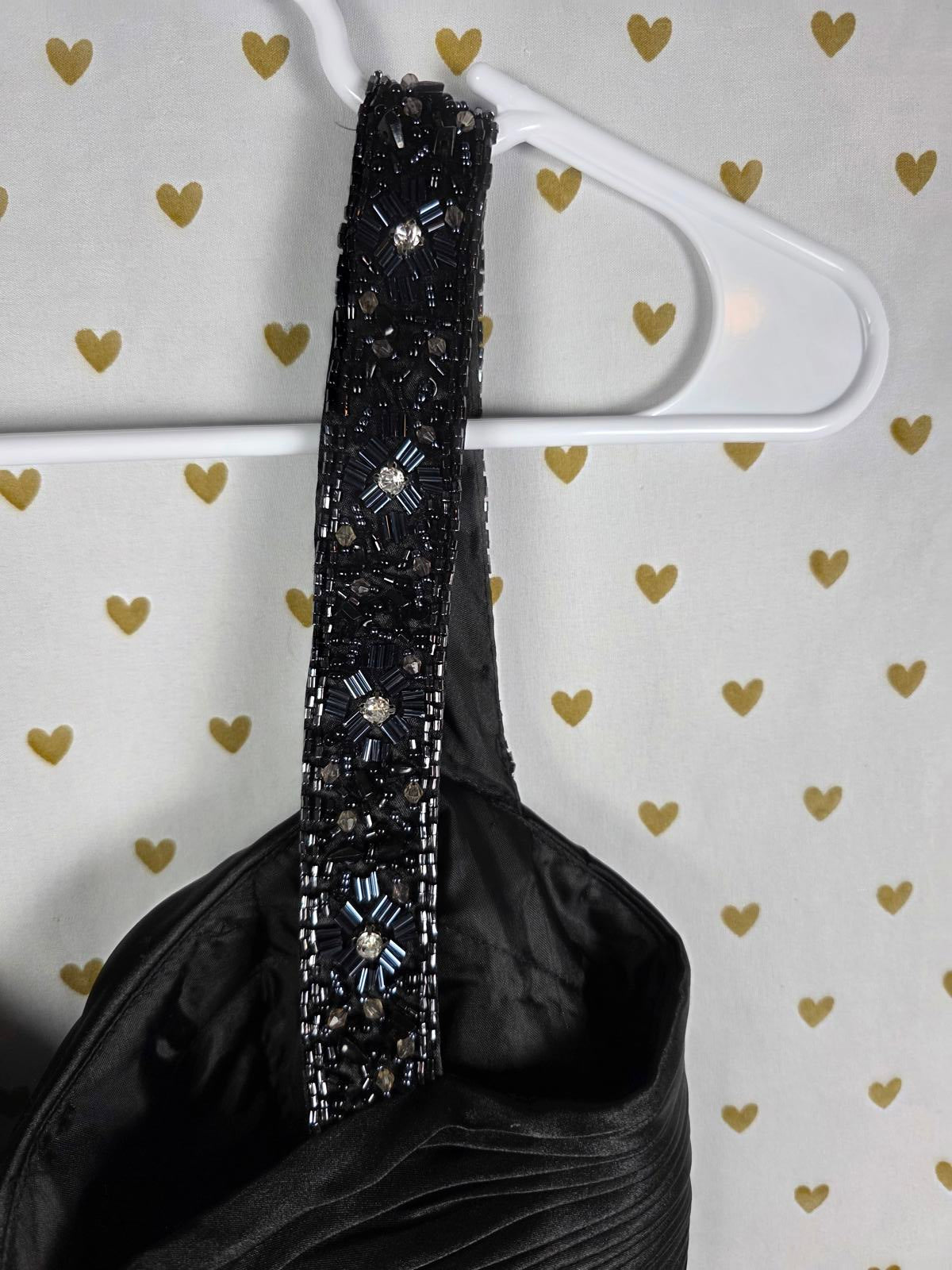 Cartise Black Beaded Satin Embellished Evening Gown Dress Flowy Formal Gown Sz 6