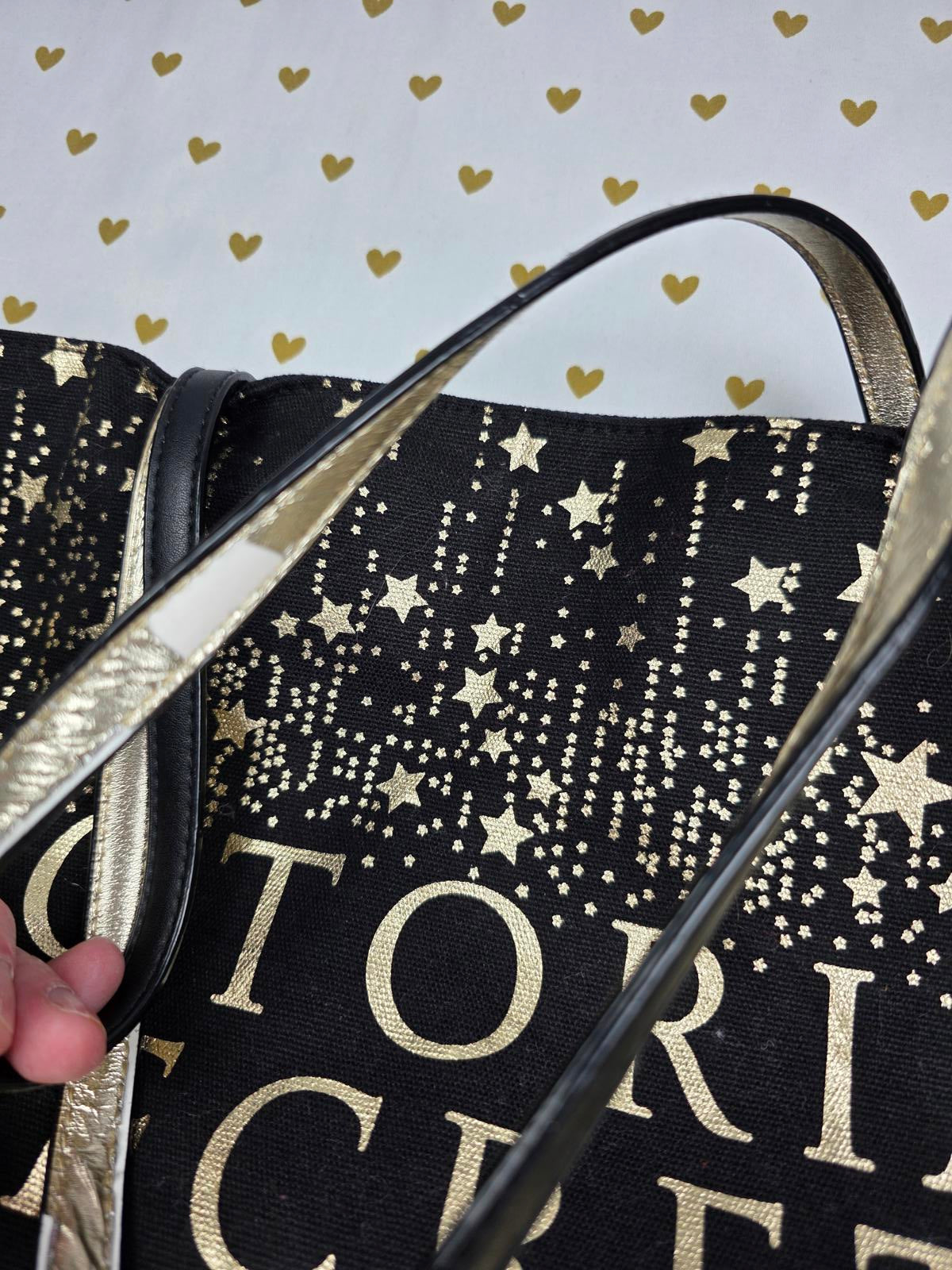 VICTORIA'S SECRET NYC 2018 Signature Tote Bag Canvas Black Gold Stars Jumbo