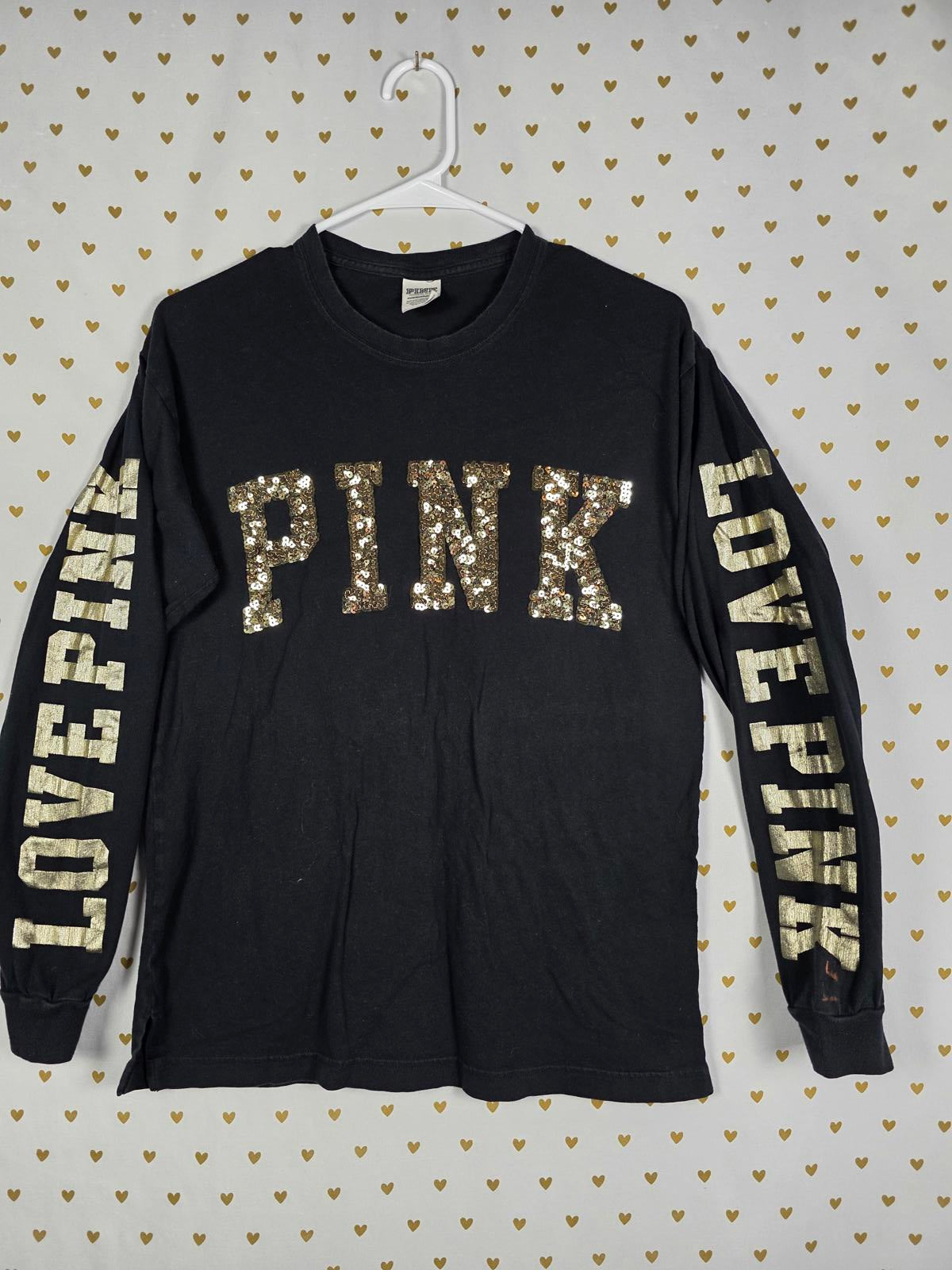 Victorias Secret PINK BLING GOLD LONG SLEEVE Campus Tee shirt XS