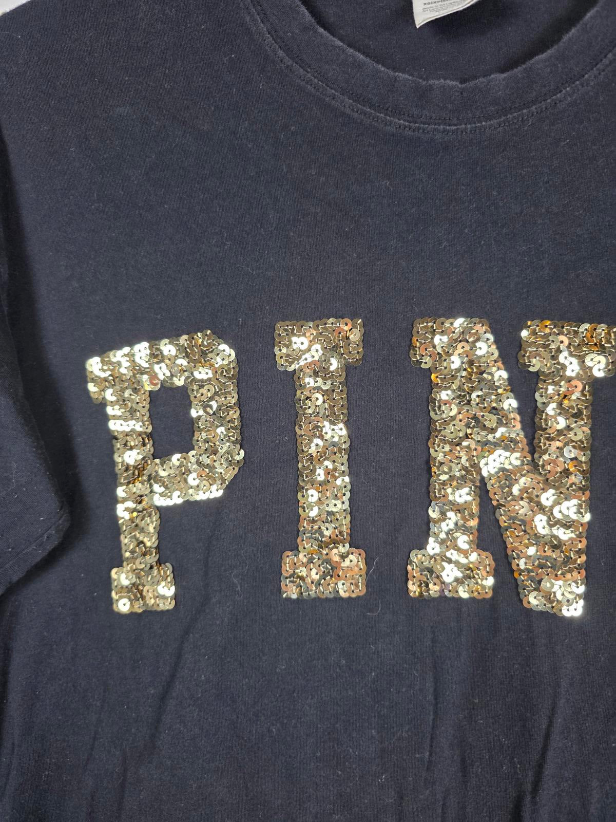 Victorias Secret PINK BLING GOLD LONG SLEEVE Campus Tee shirt XS