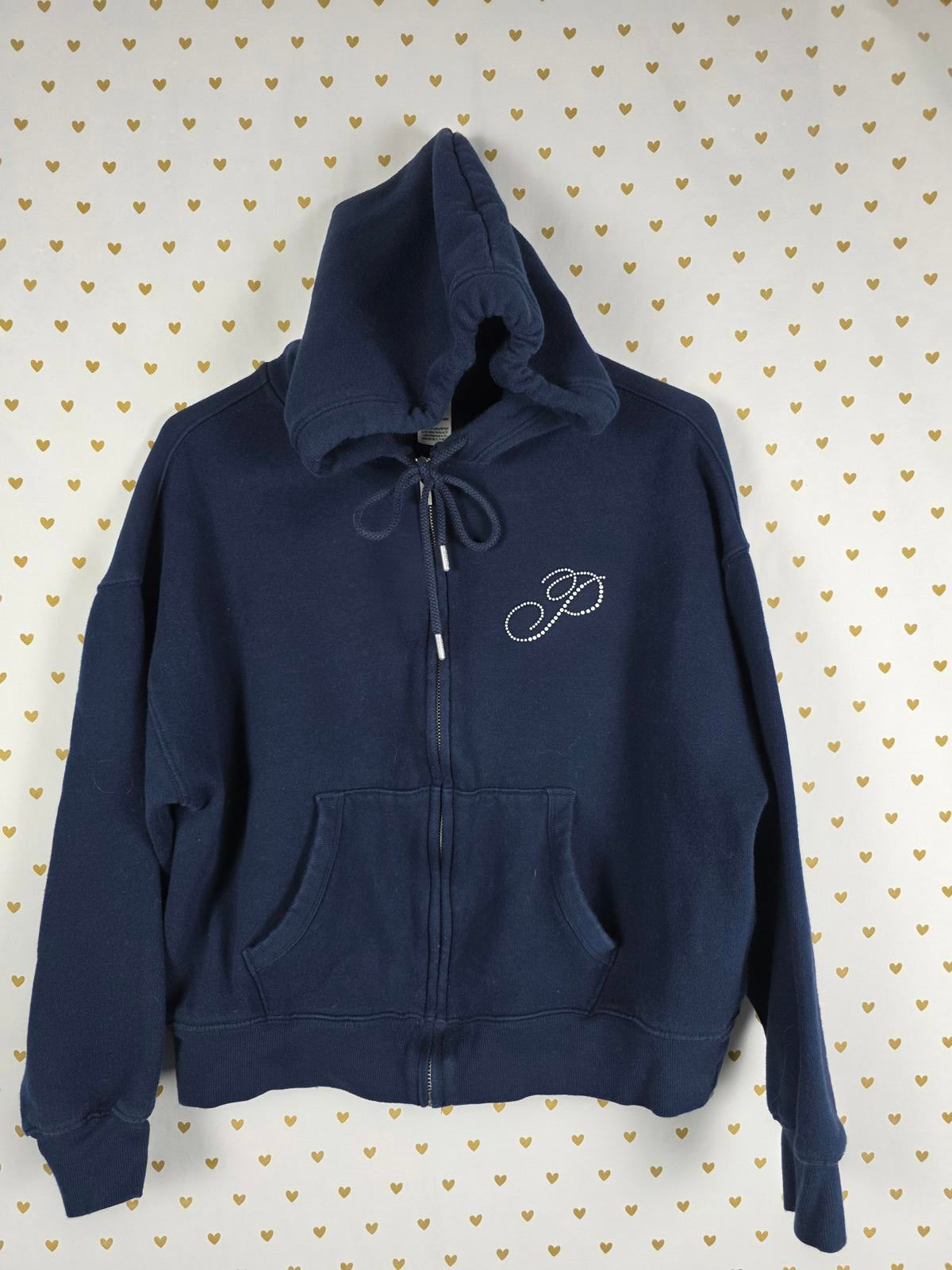 Victorias Secret Pink Campus Full zip Navy BLING Dog Heart Logo Hoodie Jacket SM