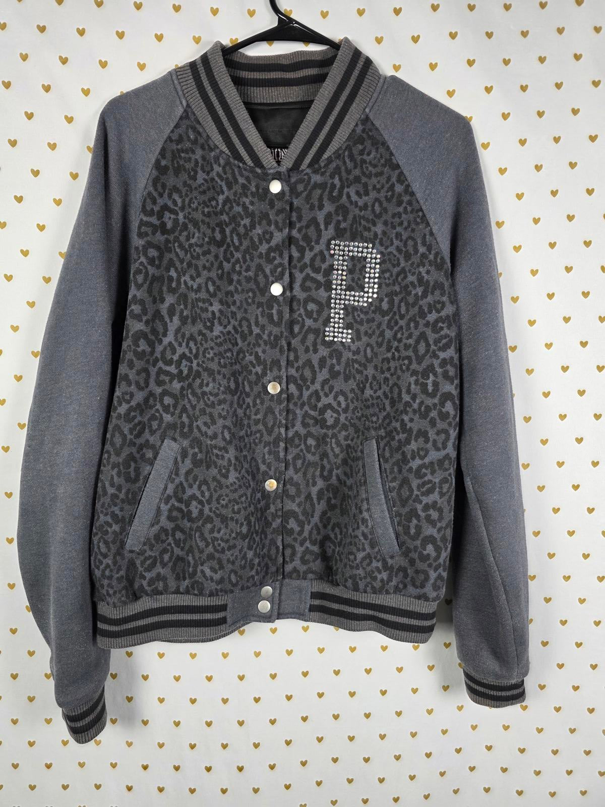 Victorias Secret Pink BLING CHEETAH LEOPARD Logo Varsity Bomber LARGE