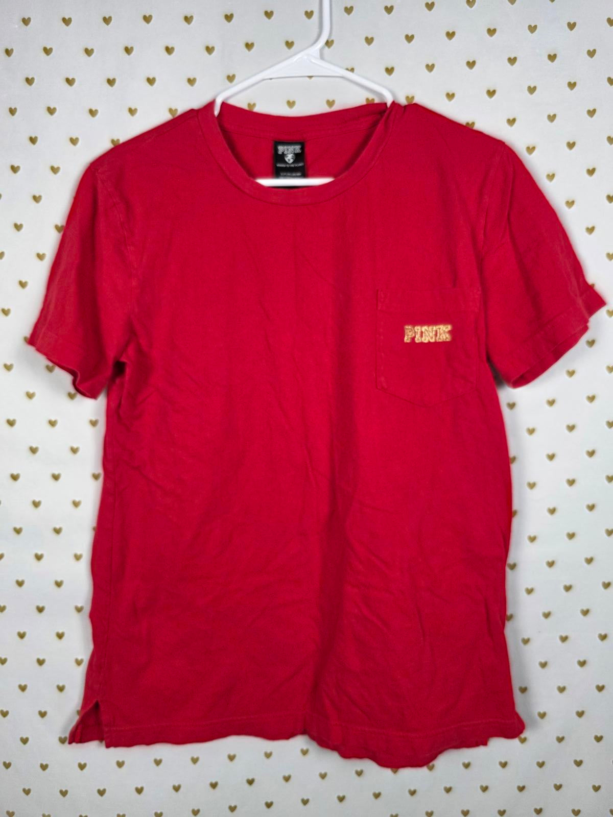 Victorias Secret PINK GOLD BLING GLITTER Dog Logo Tee Shirt Red SMALL