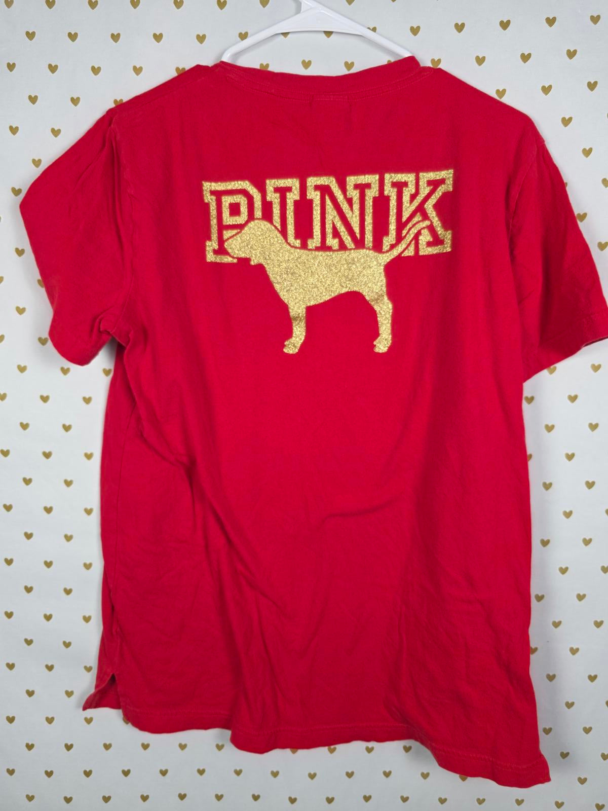 Victorias Secret PINK GOLD BLING GLITTER Dog Logo Tee Shirt Red SMALL
