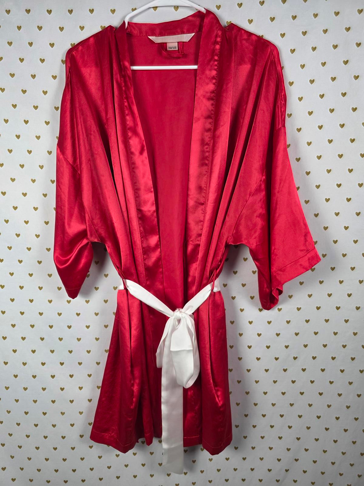 Victorias Secret Satin Silky Robe Red White Belt Kimono Smock ONE SIZE FITS ALL