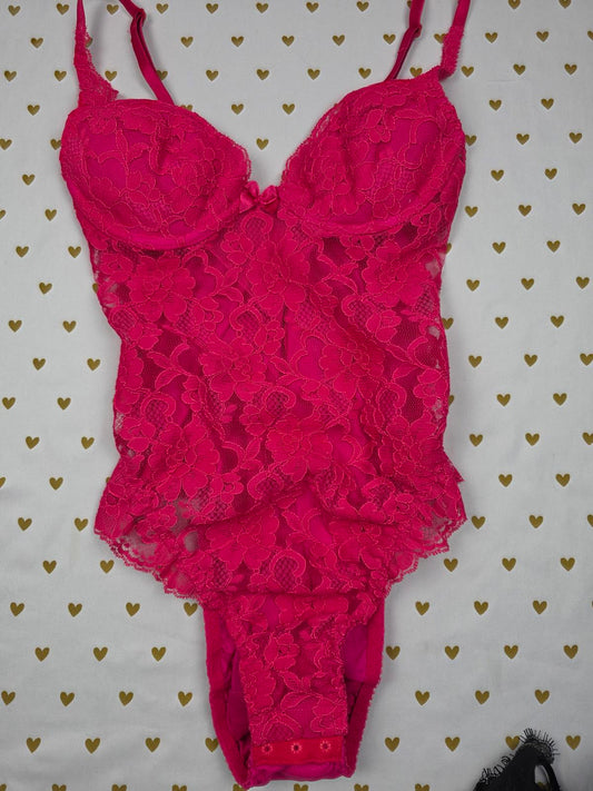 Victorias Secret VINTAGE 36A Pink Sexy Teddy Ruffled 90's Lingerie Bodysuit