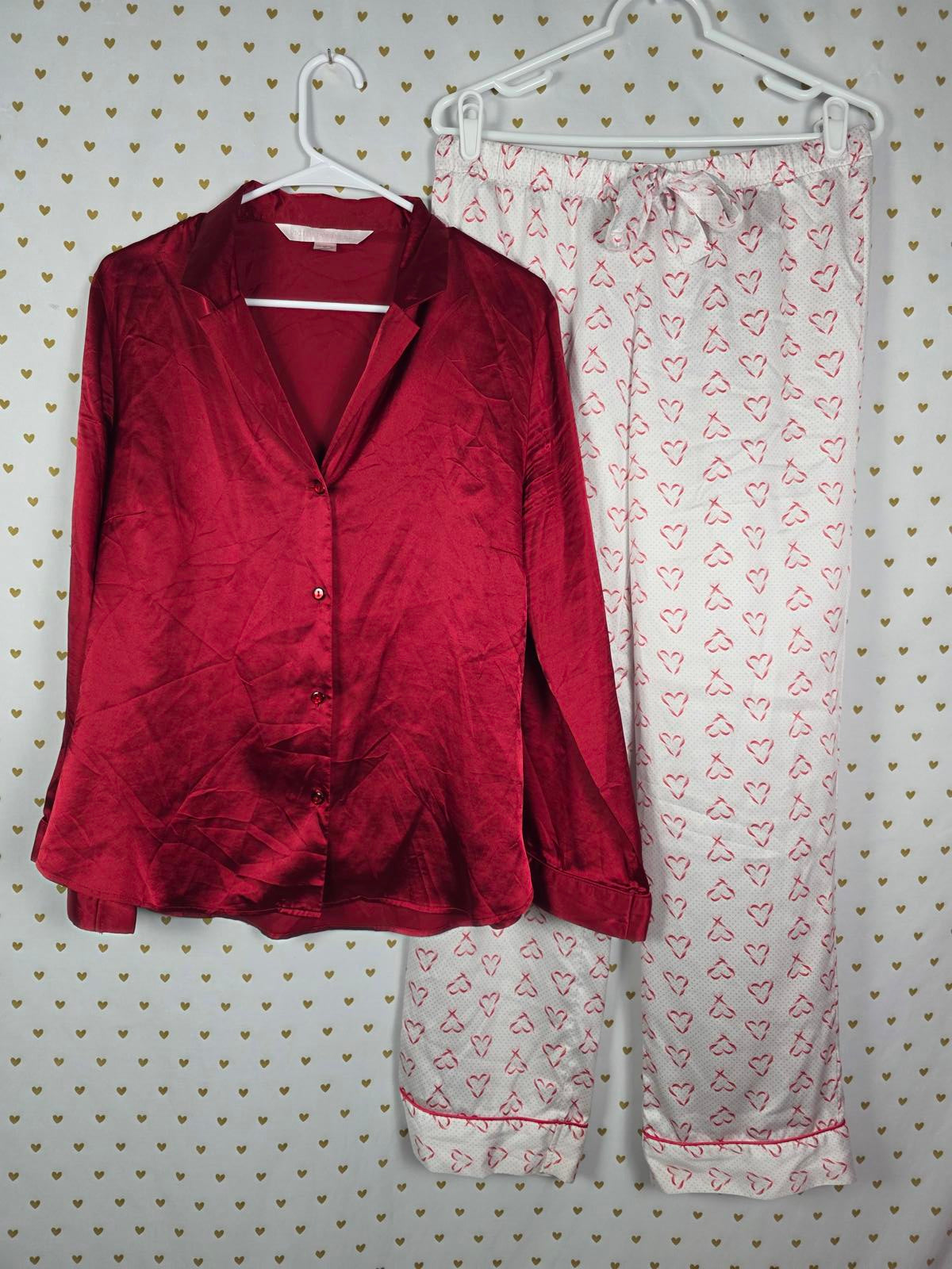 Victorias Secret SATIN Sleep Set Button Down Shirt Pants HEARTS MEDIUM