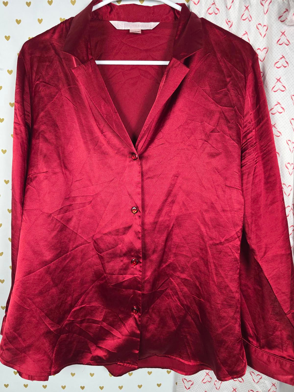 Victorias Secret SATIN Sleep Set Button Down Shirt Pants HEARTS MEDIUM