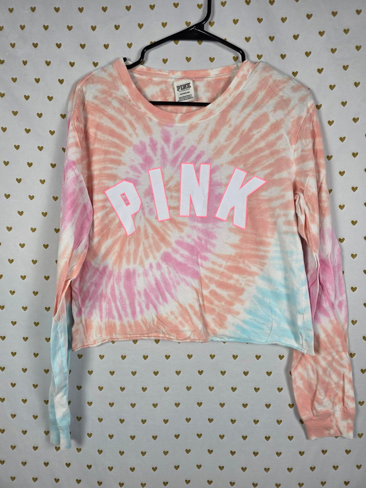 Victorias Secret PINK Cropped Tye Dye Logo Long Sleeve Tee Shirt SMALL
