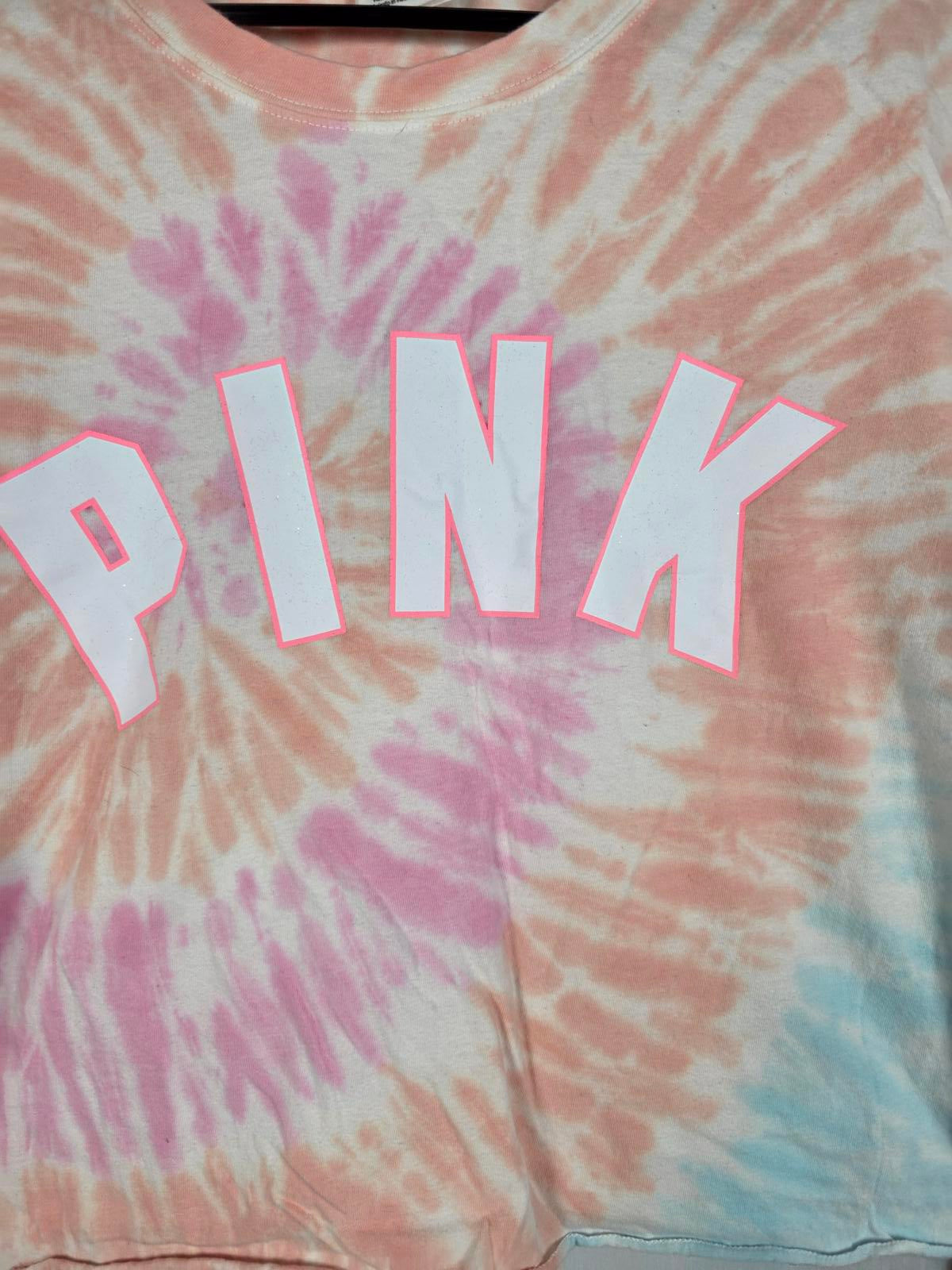 Victorias Secret PINK Cropped Tye Dye Logo Long Sleeve Tee Shirt SMALL