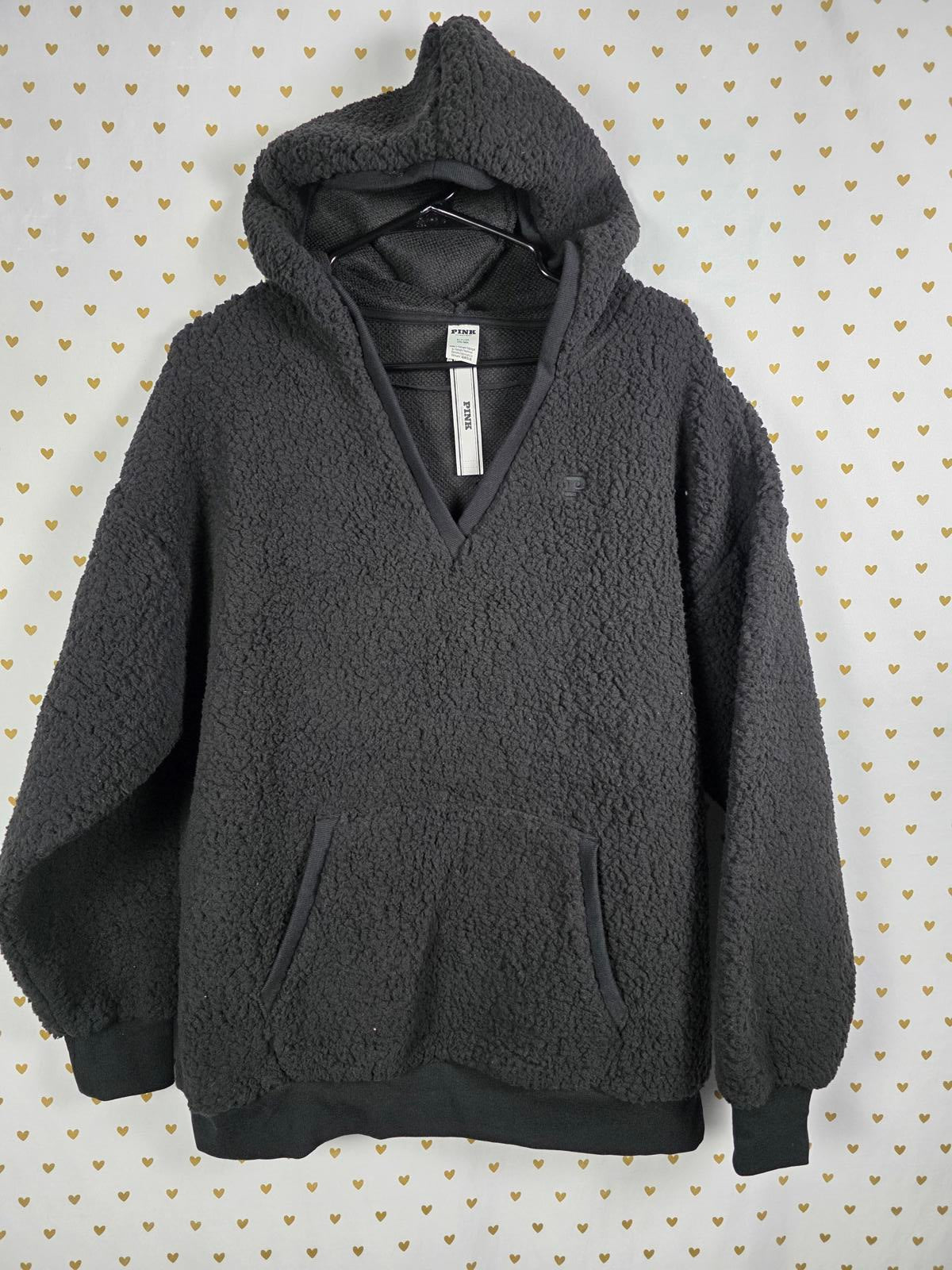 Victorias Secret Pink NEW NWT Hooded V Neck Sherpa Pullover Sweater Small