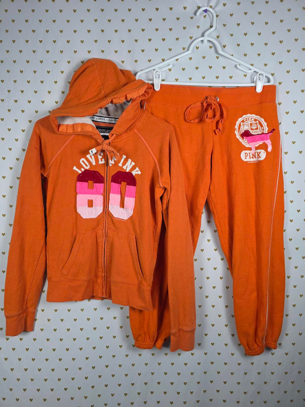 Victorias Secret Pink Vintage Hoodie Joggers SET y2k SMALL Jacket Pants Patches
