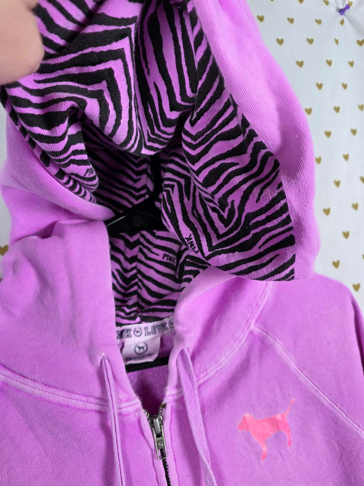 Victorias Secret Pink LOVE ZEBRA vintage Full Zip Hoodie Jacket PURPLE Rare XS