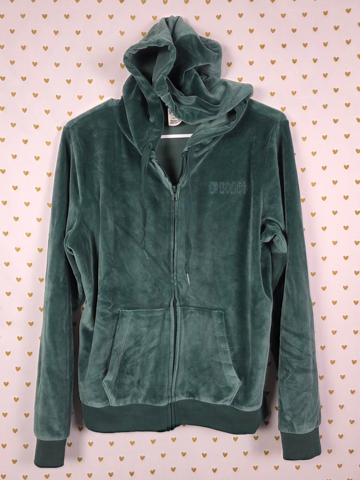 Victorias Secret Pink Green Velour Full Zip Hoodie Jacket MEDIUM