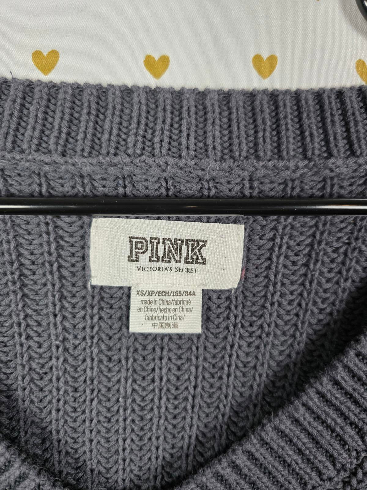 Victorias Secret Pink Grey Chunky Knit V Neck Sweater Shirt XS