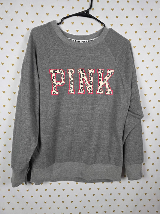 Victorias Secret Pink LEOPARD CHEETAH Logo Sweater Crew Grey Pullover SMALL