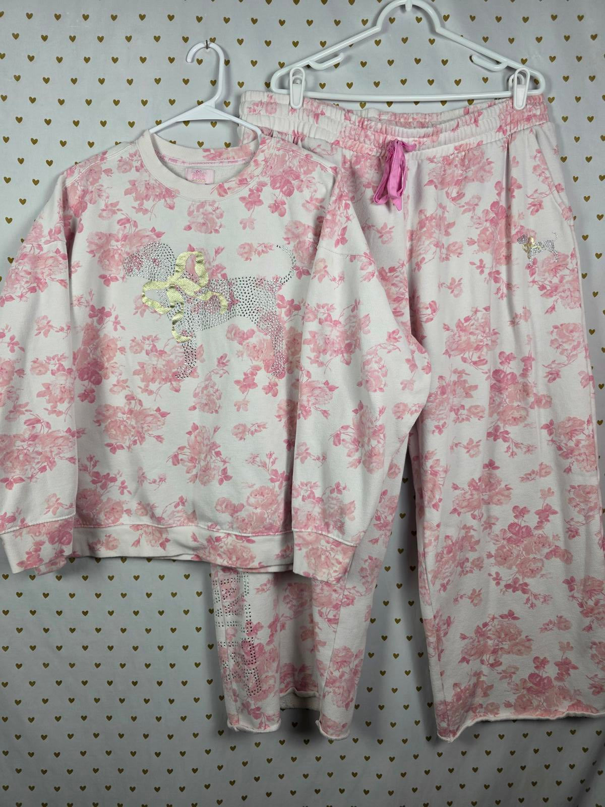 XL LoveShackFancy VS Pink Sweatpants BLING SET Sweatshirt Everblooming White