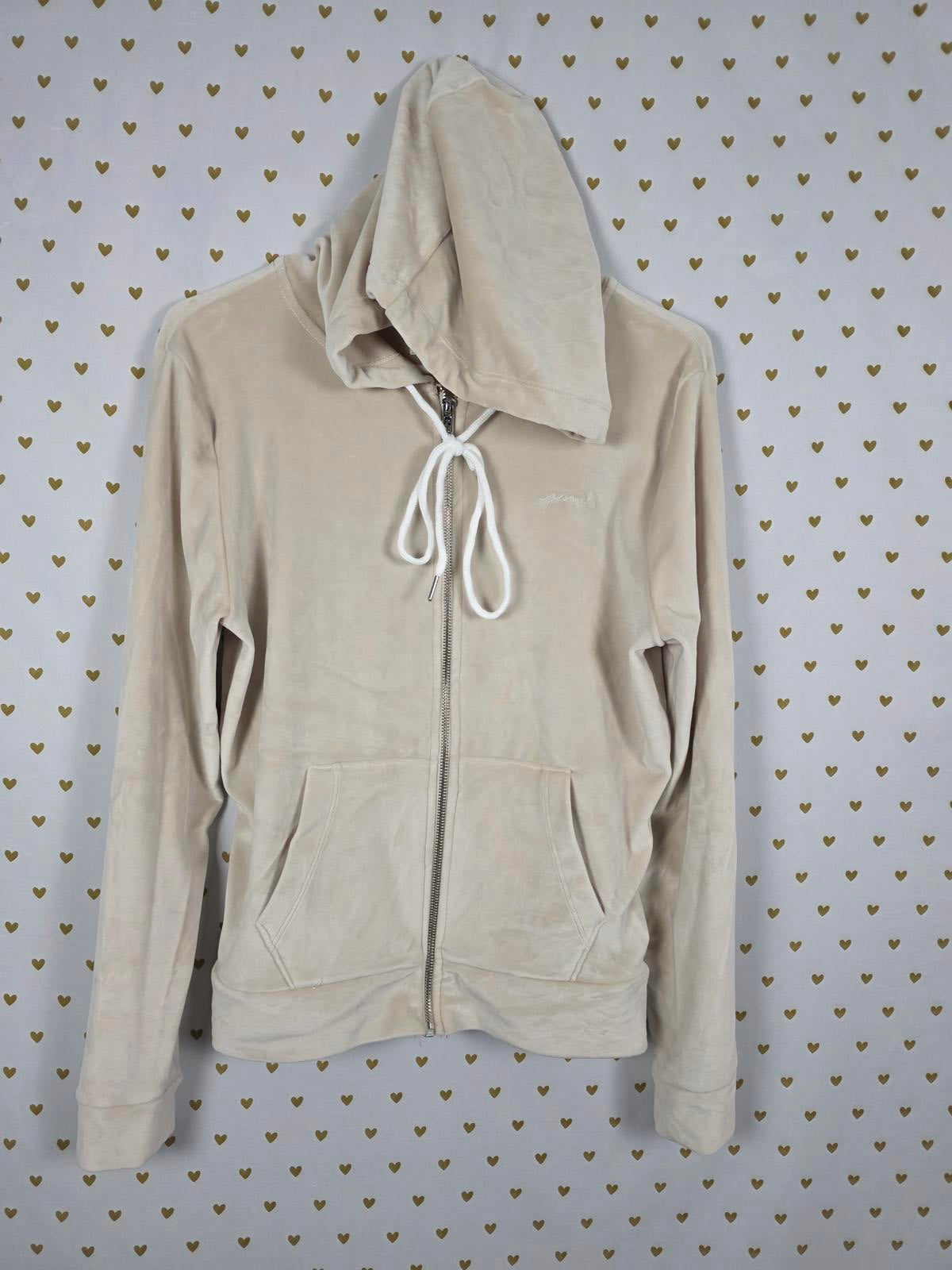 Victorias Secret Pink Beige VELOUR Velvet Feel Hooded Full Zip Jacket Hoodie SM