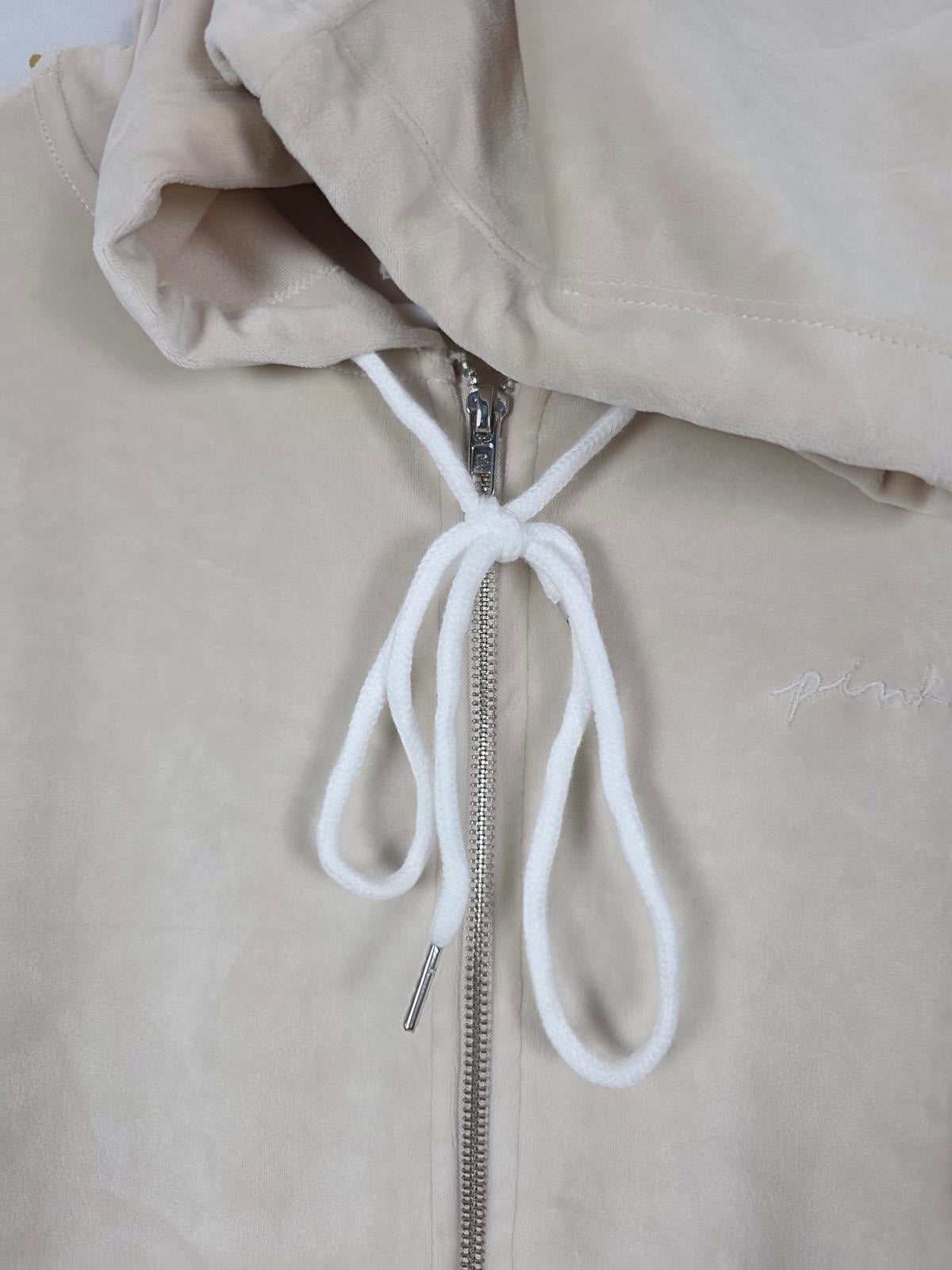 Victorias Secret Pink Beige VELOUR Velvet Feel Hooded Full Zip Jacket Hoodie SM