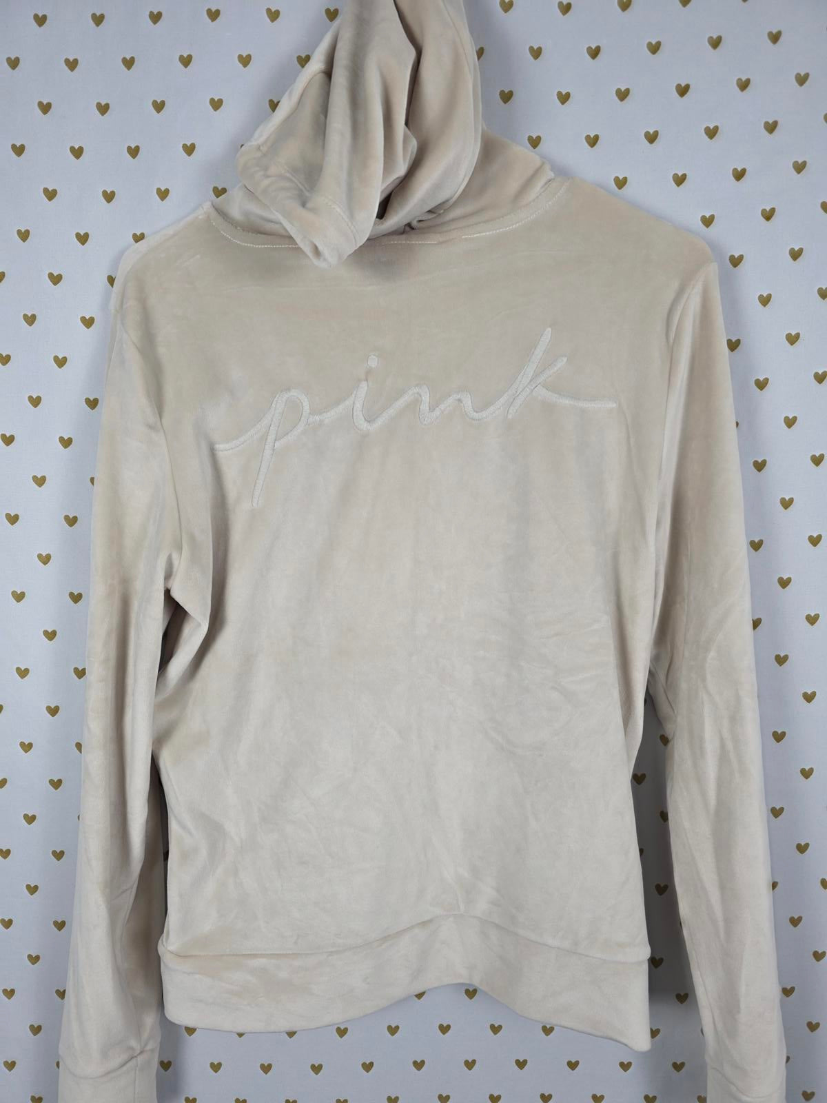 Victorias Secret Pink Beige VELOUR Velvet Feel Hooded Full Zip Jacket Hoodie SM