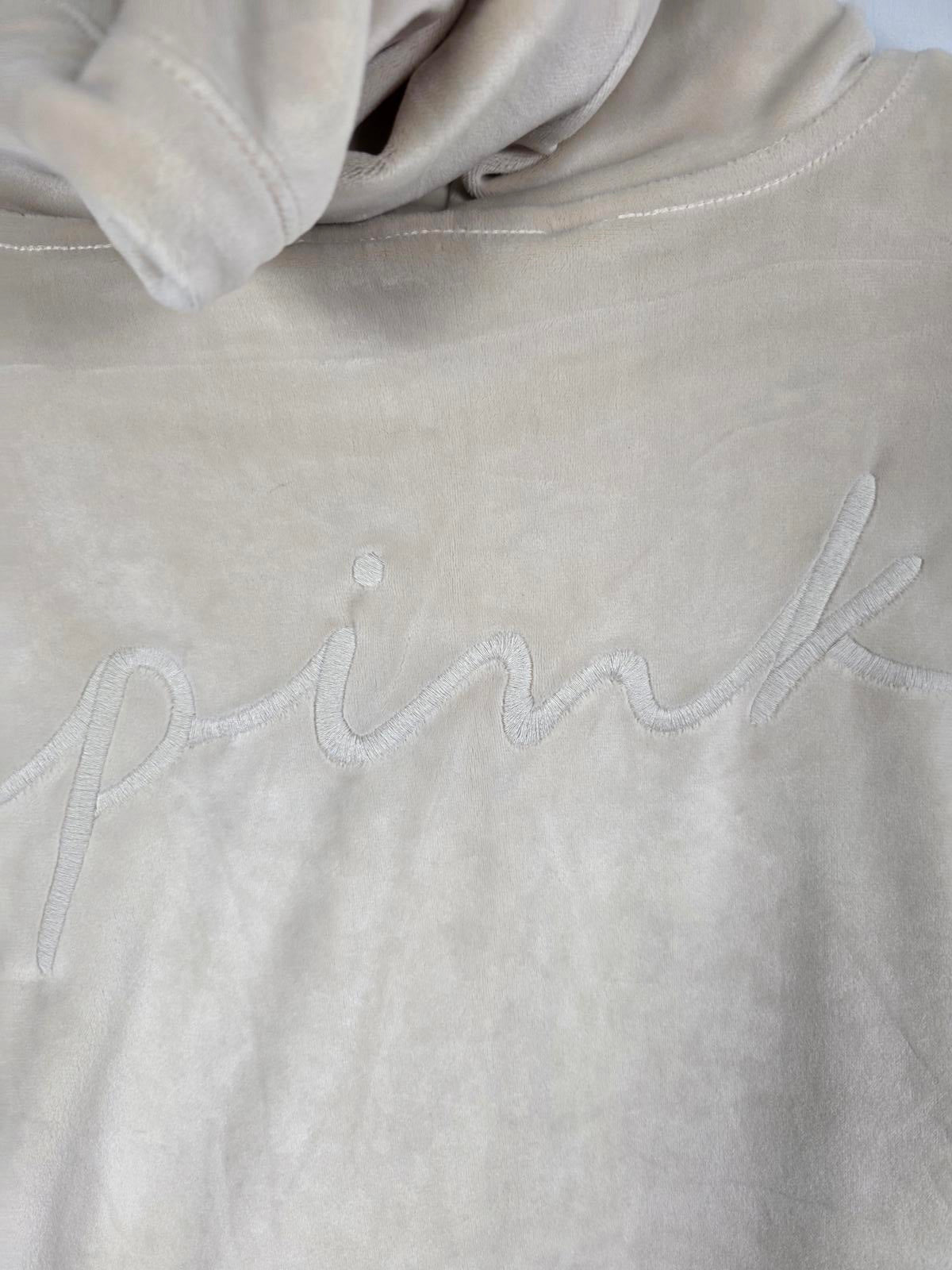 Victorias Secret Pink Beige VELOUR Velvet Feel Hooded Full Zip Jacket Hoodie SM