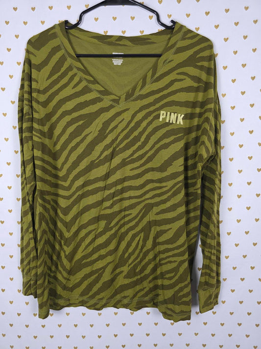 Victorias Secret PINK V neck ANIMAL PRINT ZEBRA Green Long Sleeve Tee shirt XS