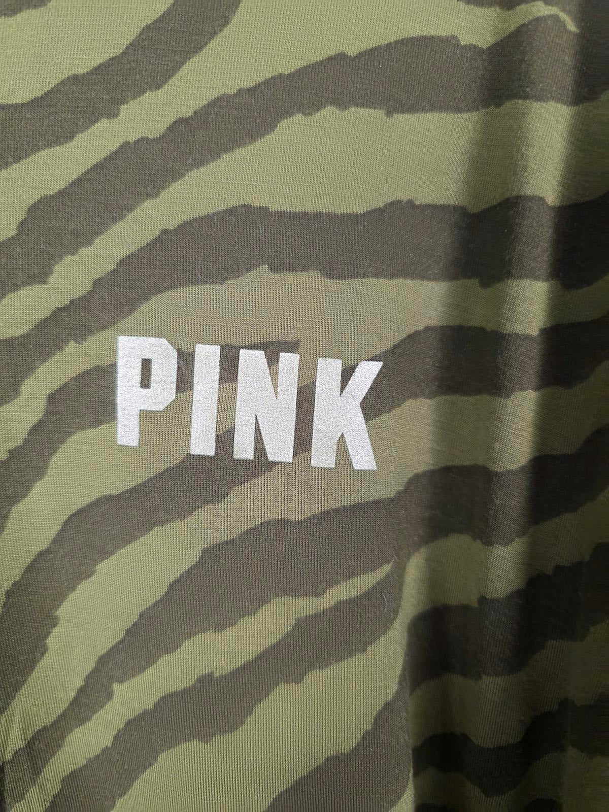 Victorias Secret PINK V neck ANIMAL PRINT ZEBRA Green Long Sleeve Tee shirt XS