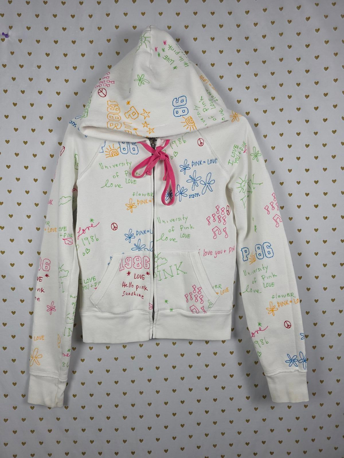 Victorias Secret Pink RARE Vintage Stitched Graffitti Hoodie Jacket 2008 MEDIUM