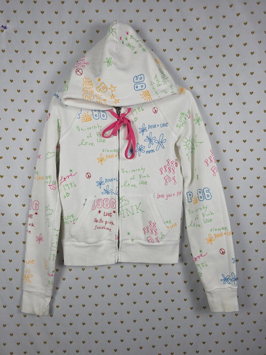 Victorias Secret Pink RARE Vintage Stitched Graffitti Hoodie Jacket 2008 MEDIUM