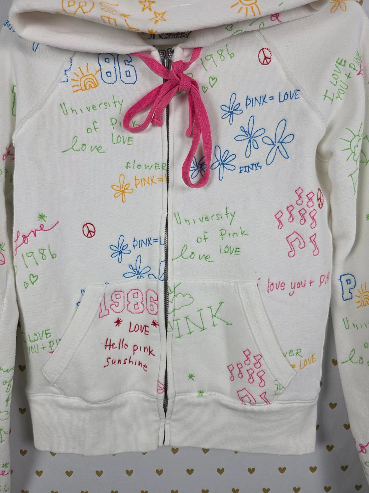 Victorias Secret Pink RARE Vintage Stitched Graffitti Hoodie Jacket 2008 MEDIUM